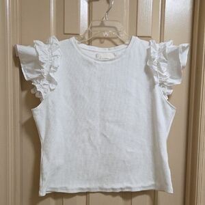 Anthropologie White Ribbed Top Ruffle Poplin Sleeves Size XL Feminine Blouse
